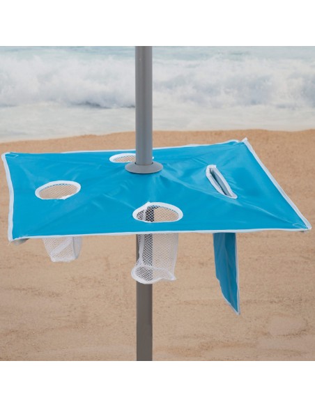Guarda-chuva de praia à prova de vento 8 varetas 210 cm azul com mesa