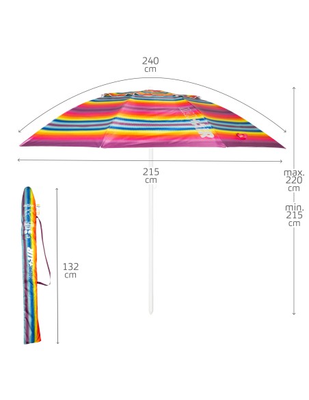 Chapéu de praia corta-vento 8 varas 240 cm riscas multicoloridas