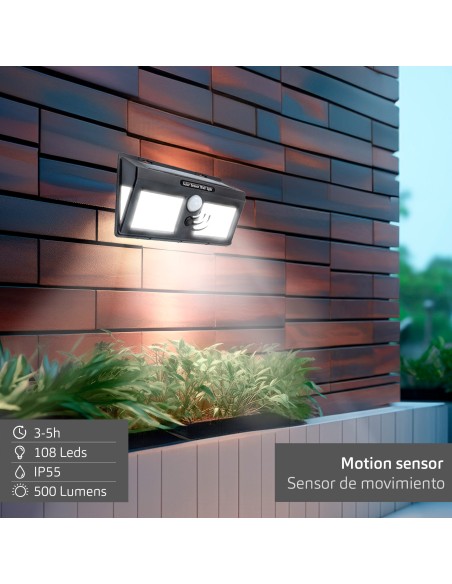 Luminária de parede solar LED de 500 lúmens com sensor de movimento e 3 modos de luz