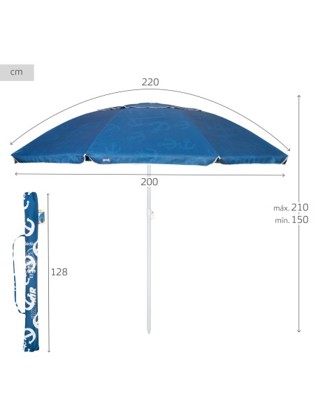 Chapéu de praia corta-vento 8 varas 220 cm azul com âncoras