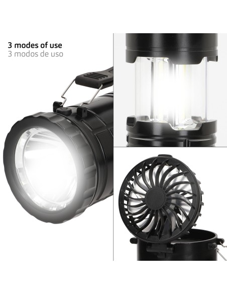Lanterna LED 2 em 1 operada por bateria e ventilador de acampamento de 270 lúmens com alça