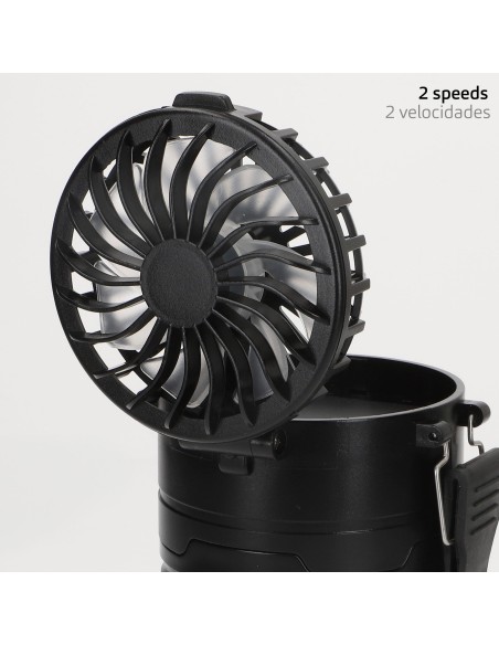 Lanterna LED 2 em 1 operada por bateria e ventilador de acampamento de 270 lúmens com alça