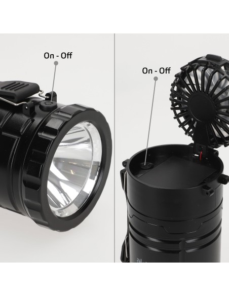 Lanterna LED 2 em 1 operada por bateria e ventilador de acampamento de 270 lúmens com alça