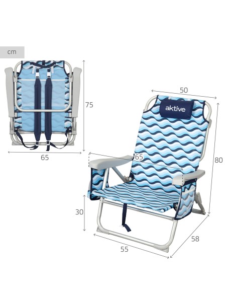 Cadeira de praia baixa XL multiposições 50x58x80 cm azul