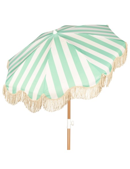 Guarda-sol de praia com 8 varetas, 200 cm, listras esmeralda com franjas