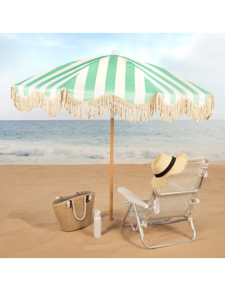 Guarda-sol de praia com 8 varetas, 200 cm, listras esmeralda com franjas