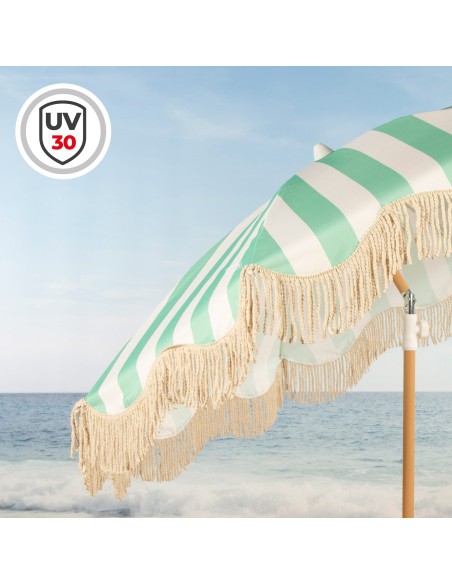 Guarda-sol de praia com 8 varetas, 200 cm, listras esmeralda com franjas