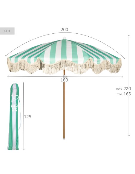 Guarda-sol de praia com 8 varetas, 200 cm, listras esmeralda com franjas