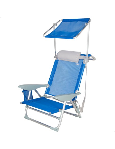 Cadeira de praia baixa multiposições 47x43x67 cm azul com guarda-sol