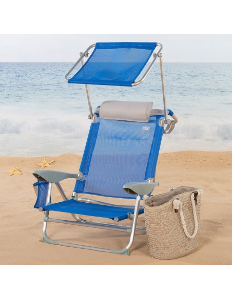 Cadeira de praia baixa multiposições 47x43x67 cm azul com guarda-sol