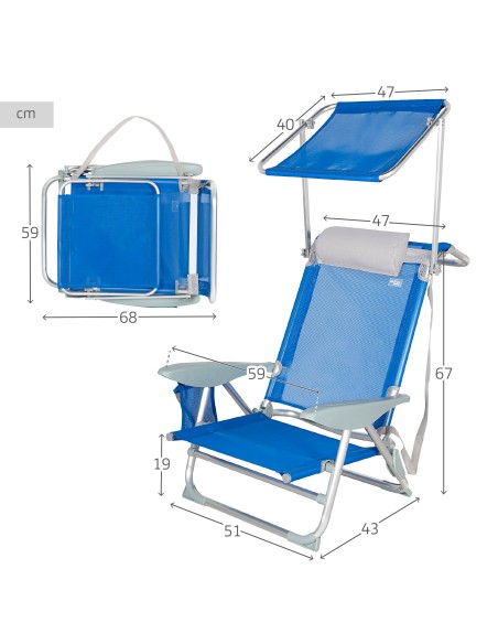 Cadeira de praia baixa multiposições 47x43x67 cm azul com guarda-sol