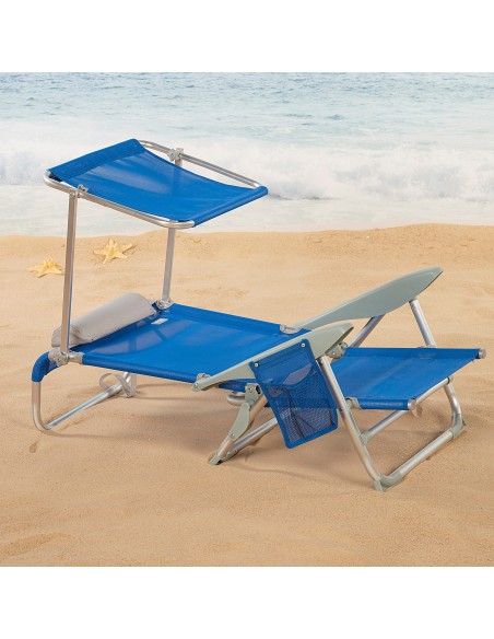 Cadeira de praia baixa multiposições 47x43x67 cm azul com guarda-sol