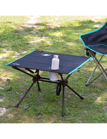 Mesa de campismo dobrável 62x56x42 cm com suporte para copos preto