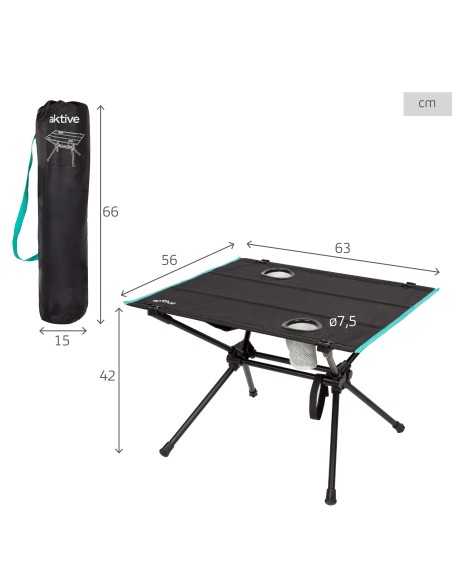 Mesa de campismo dobrável 62x56x42 cm com suporte para copos preto