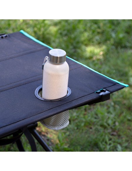 Mesa de campismo dobrável 62x56x42 cm com suporte para copos preto